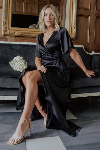 Vara Satin Maxi Wrap Dress | Black