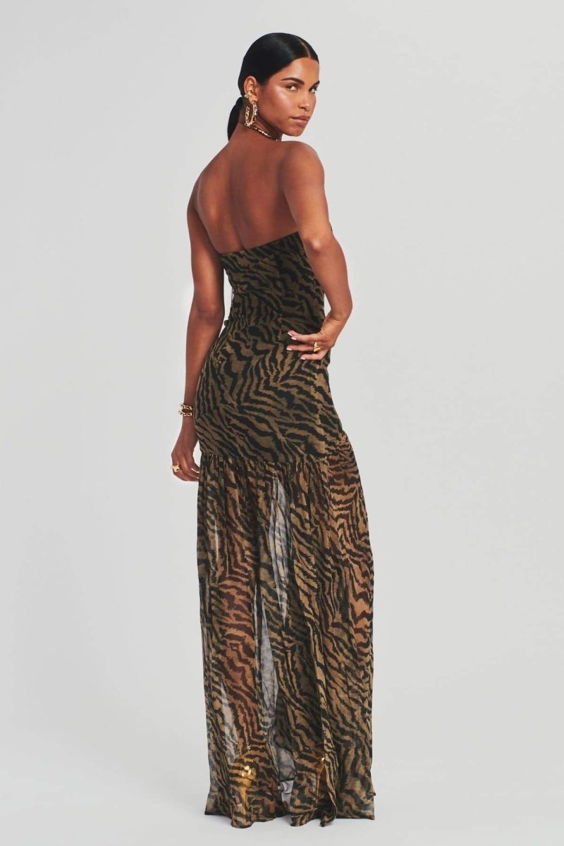 Vestido largo transparente con abertura y rayas de tigre de Viola 