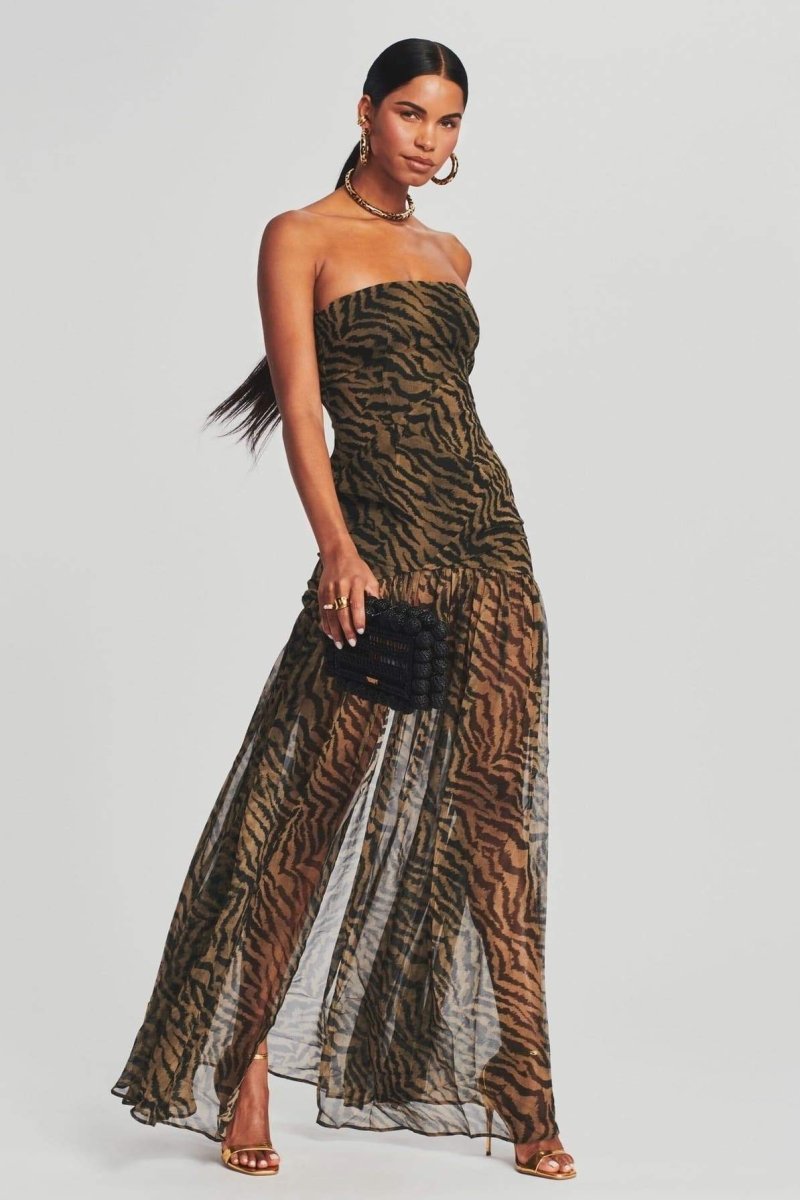 Vestido largo transparente con abertura y rayas de tigre de Viola 