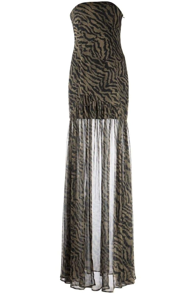Vestido largo transparente con abertura y rayas de tigre de Viola 
