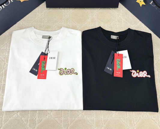 CD 25 Snake-shaped Letter Embroidered Short Sleeves T-shirt Cotton