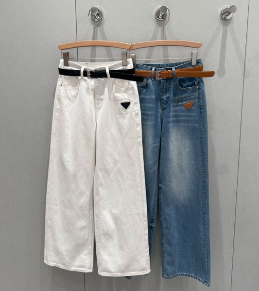 Prada 25 Triangle Straight Denim Pants with belt Cotton 210377