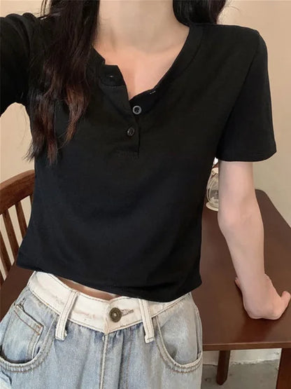 women t-shirt open button short Sleeve Crop Top Ladies Clothing 2025 Solid Basic T Shirt Casual Skinny White Slim Female Tops