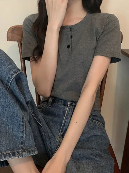 women t-shirt open button short Sleeve Crop Top Ladies Clothing 2025 Solid Basic T Shirt Casual Skinny White Slim Female Tops