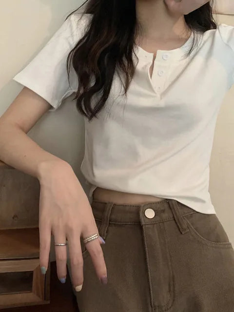 women t-shirt open button short Sleeve Crop Top Ladies Clothing 2025 Solid Basic T Shirt Casual Skinny White Slim Female Tops