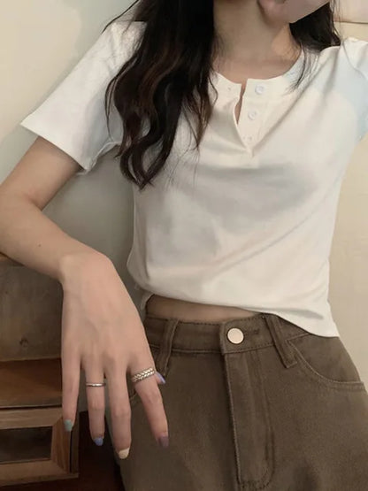 women t-shirt open button short Sleeve Crop Top Ladies Clothing 2025 Solid Basic T Shirt Casual Skinny White Slim Female Tops
