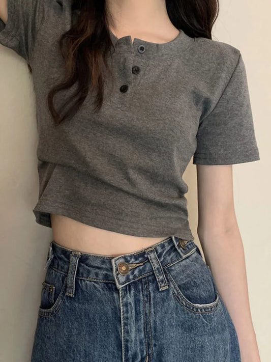 women t-shirt open button short Sleeve Crop Top Ladies Clothing 2025 Solid Basic T Shirt Casual Skinny White Slim Female Tops