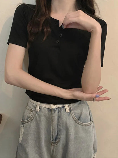 women t-shirt open button short Sleeve Crop Top Ladies Clothing 2025 Solid Basic T Shirt Casual Skinny White Slim Female Tops