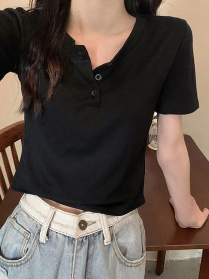 women t-shirt open button short Sleeve Crop Top Ladies Clothing 2025 Solid Basic T Shirt Casual Skinny White Slim Female Tops