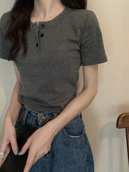 women t-shirt open button short Sleeve Crop Top Ladies Clothing 2025 Solid Basic T Shirt Casual Skinny White Slim Female Tops