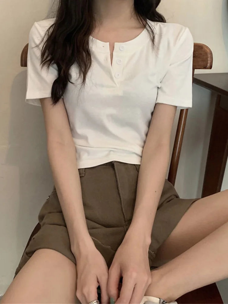 women t-shirt open button short Sleeve Crop Top Ladies Clothing 2025 Solid Basic T Shirt Casual Skinny White Slim Female Tops