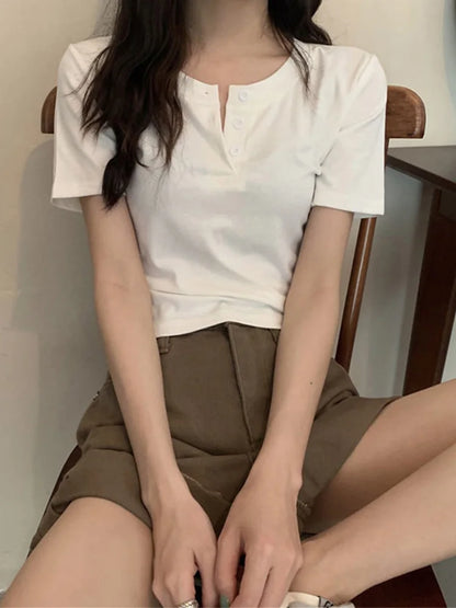 women t-shirt open button short Sleeve Crop Top Ladies Clothing 2025 Solid Basic T Shirt Casual Skinny White Slim Female Tops
