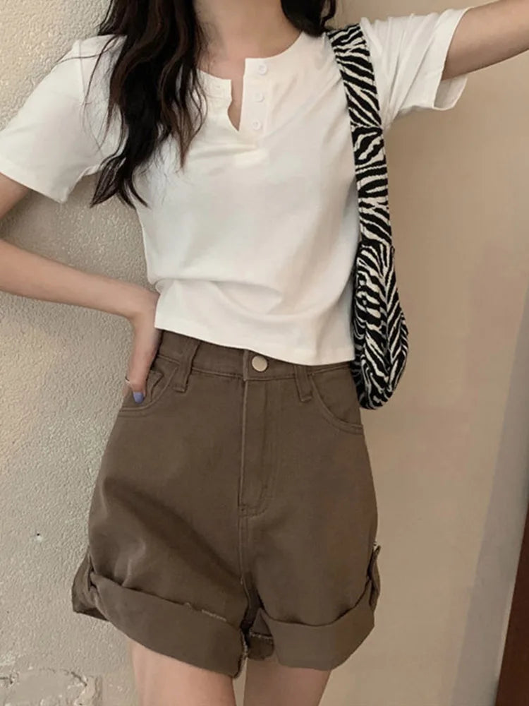 women t-shirt open button short Sleeve Crop Top Ladies Clothing 2025 Solid Basic T Shirt Casual Skinny White Slim Female Tops