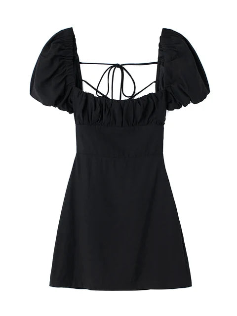 Vestido blanco de mezcla de lino para mujer, de moda, con escote cuadrado, mangas cortas abullonadas, espalda descubierta y tirantes cruzados.