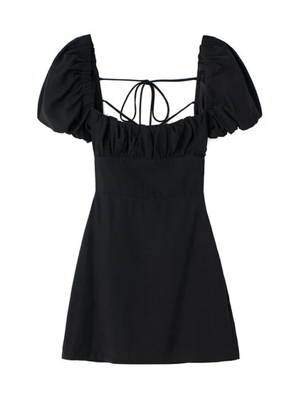 Vestido blanco de mezcla de lino para mujer, de moda, con escote cuadrado, mangas cortas abullonadas, espalda descubierta y tirantes cruzados.