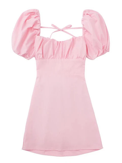 Vestido blanco de mezcla de lino para mujer, de moda, con escote cuadrado, mangas cortas abullonadas, espalda descubierta y tirantes cruzados.