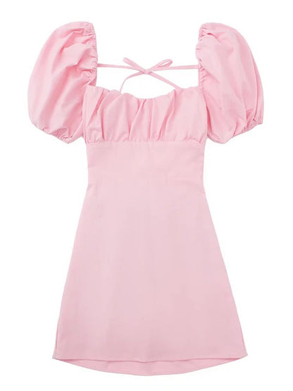 Vestido blanco de mezcla de lino para mujer, de moda, con escote cuadrado, mangas cortas abullonadas, espalda descubierta y tirantes cruzados.