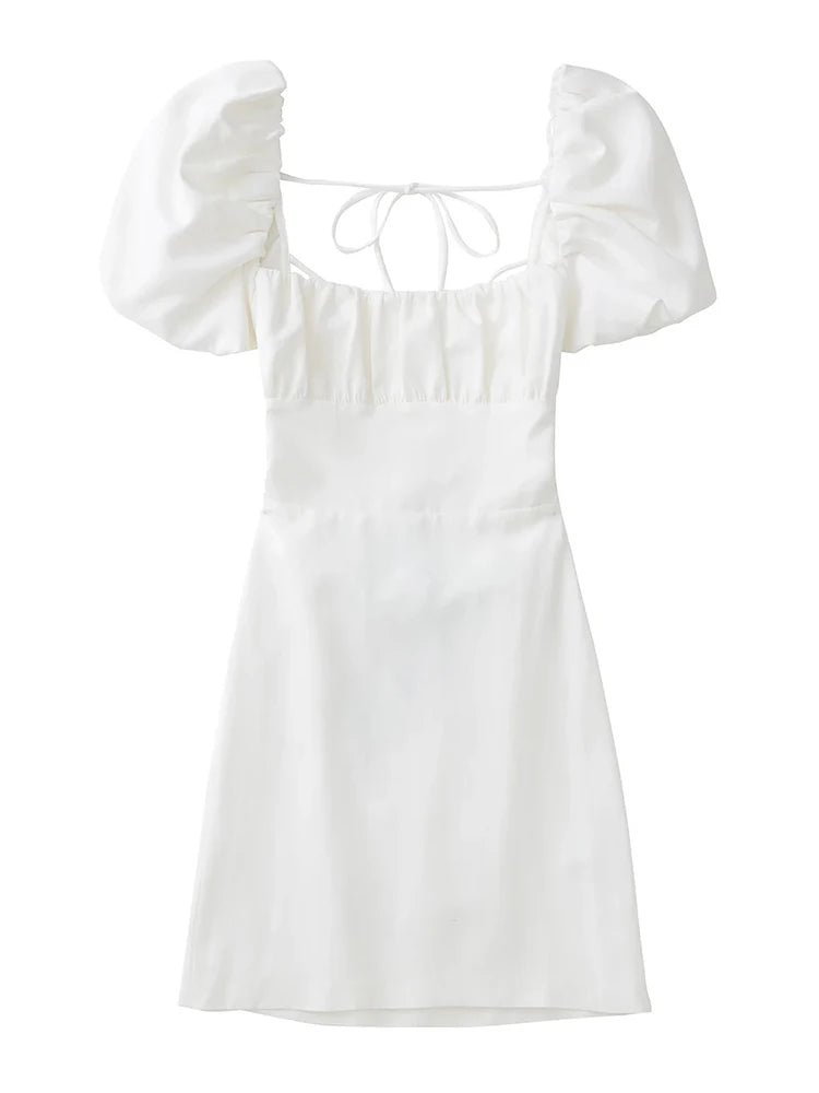 Vestido blanco de mezcla de lino para mujer, de moda, con escote cuadrado, mangas cortas abullonadas, espalda descubierta y tirantes cruzados.