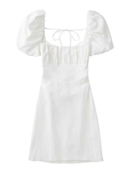 Vestido blanco de mezcla de lino para mujer, de moda, con escote cuadrado, mangas cortas abullonadas, espalda descubierta y tirantes cruzados.