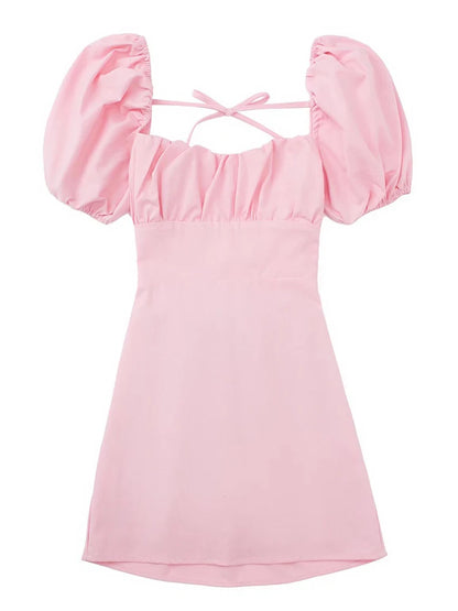 Vestido blanco de mezcla de lino para mujer, de moda, con escote cuadrado, mangas cortas abullonadas, espalda descubierta y tirantes cruzados.