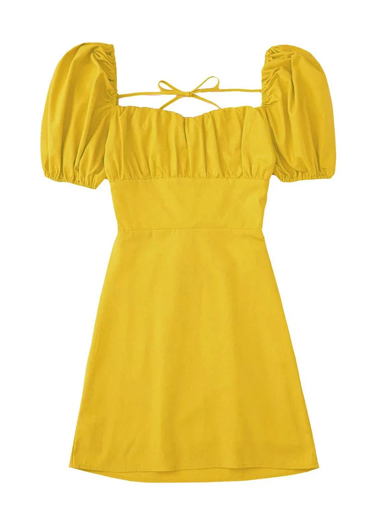 Vestido blanco de mezcla de lino para mujer, de moda, con escote cuadrado, mangas cortas abullonadas, espalda descubierta y tirantes cruzados.
