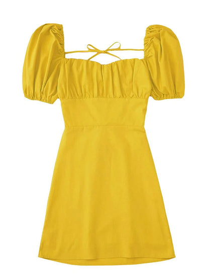Vestido blanco de mezcla de lino para mujer, de moda, con escote cuadrado, mangas cortas abullonadas, espalda descubierta y tirantes cruzados.