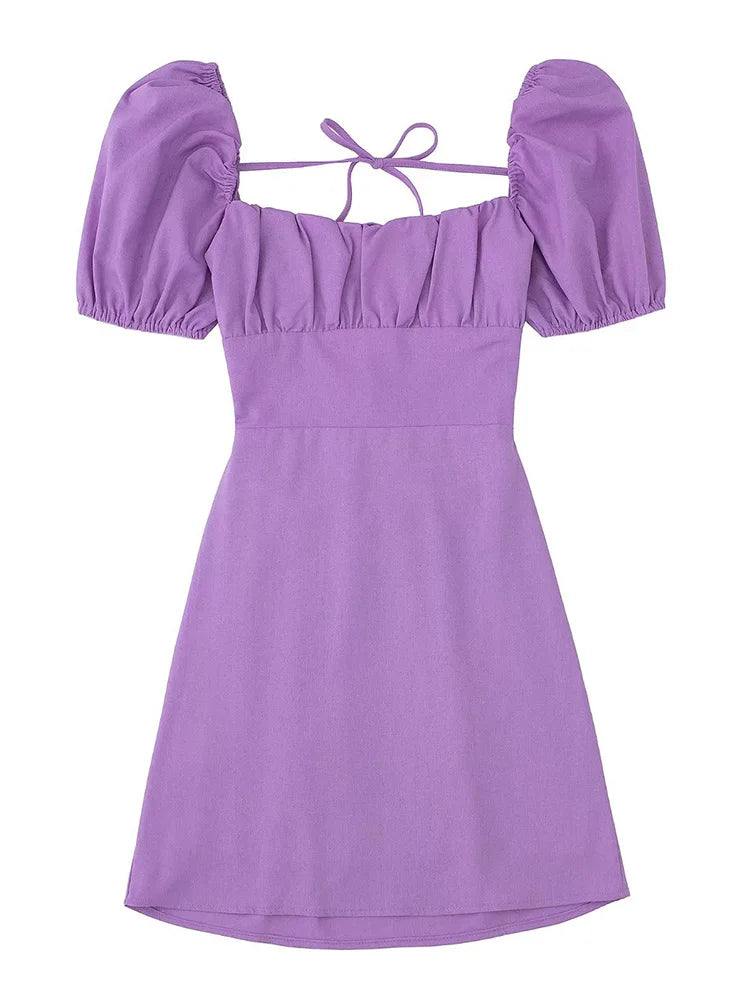 Vestido blanco de mezcla de lino para mujer, de moda, con escote cuadrado, mangas cortas abullonadas, espalda descubierta y tirantes cruzados.