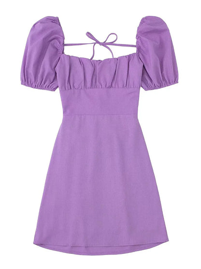 Vestido blanco de mezcla de lino para mujer, de moda, con escote cuadrado, mangas cortas abullonadas, espalda descubierta y tirantes cruzados.