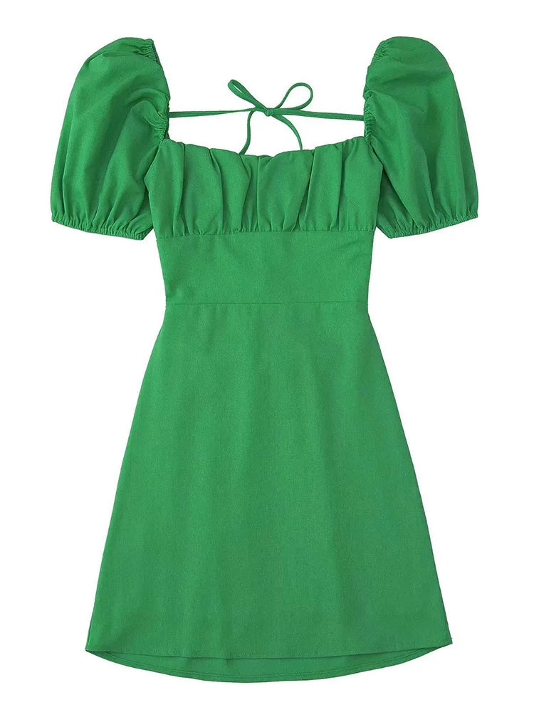 Vestido blanco de mezcla de lino para mujer, de moda, con escote cuadrado, mangas cortas abullonadas, espalda descubierta y tirantes cruzados.