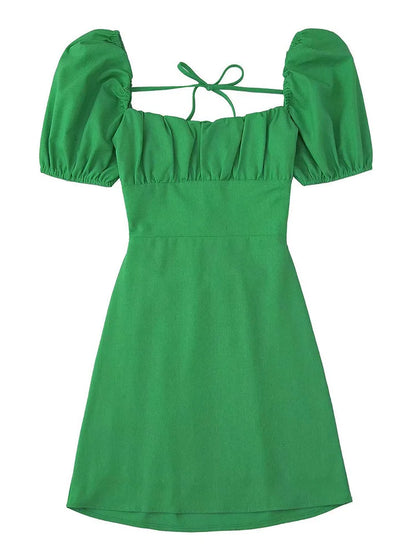 Vestido blanco de mezcla de lino para mujer, de moda, con escote cuadrado, mangas cortas abullonadas, espalda descubierta y tirantes cruzados.