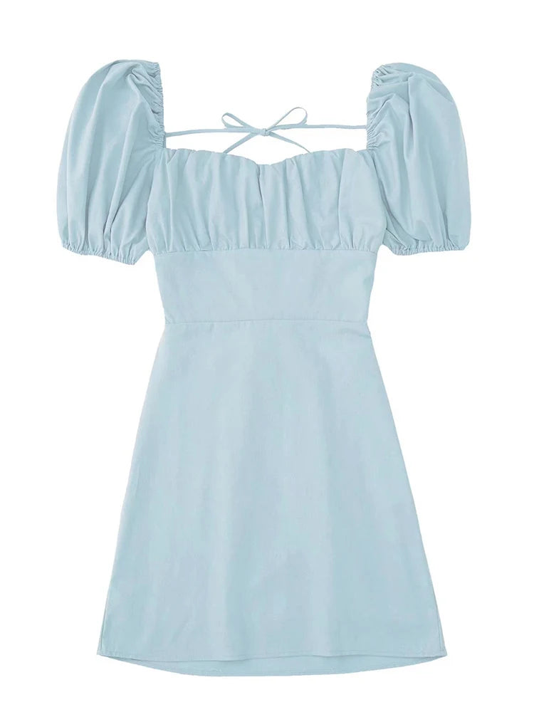 Vestido blanco de mezcla de lino para mujer, de moda, con escote cuadrado, mangas cortas abullonadas, espalda descubierta y tirantes cruzados.