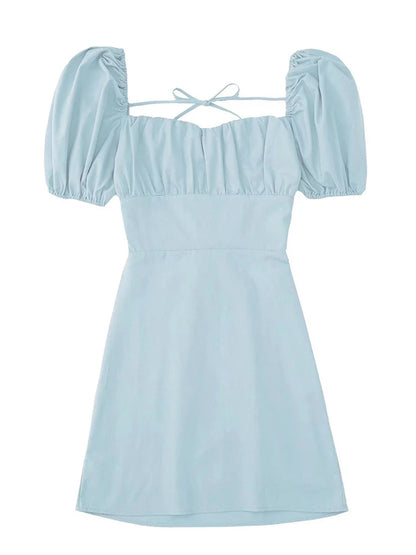 Vestido blanco de mezcla de lino para mujer, de moda, con escote cuadrado, mangas cortas abullonadas, espalda descubierta y tirantes cruzados.