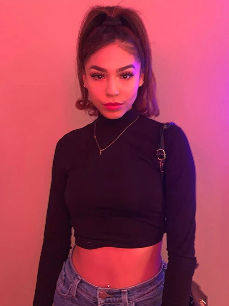 Camiseta sexy de algodón calada para mujer, tops de manga larga sin espalda, estilo Harajuku, ropa urbana ajustada, camisetas de punto