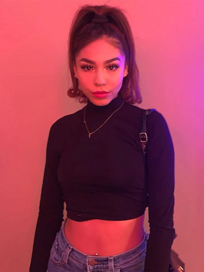 Camiseta sexy de algodón calada para mujer, tops de manga larga sin espalda, estilo Harajuku, ropa urbana ajustada, camisetas de punto