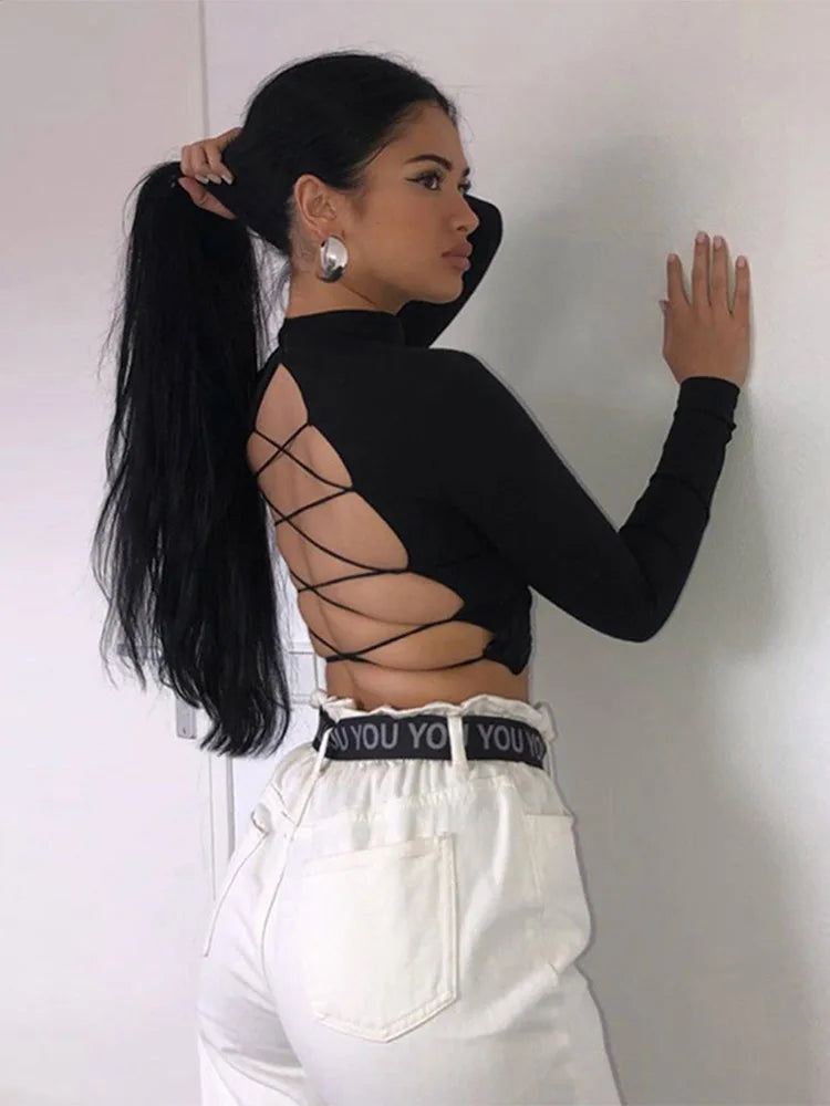 Camiseta sexy de algodón calada para mujer, tops de manga larga sin espalda, estilo Harajuku, ropa urbana ajustada, camisetas de punto