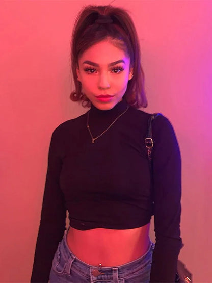 Camiseta sexy de algodón calada para mujer, tops de manga larga sin espalda, estilo Harajuku, ropa urbana ajustada, camisetas de punto