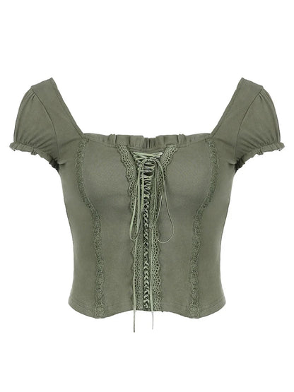 y2k Green Lace Crop Top Trim Square Collar Short Sleeve T Shirt Women Fairycore Balletcore Chic Tee Summer Korean 90s