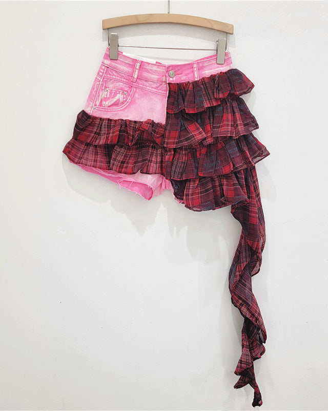 Denim Patchwork Short Irregular Chiffon Cake Skirt