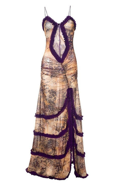 Vestido largo con volantes y aberturas estampado Yuri 