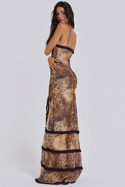 Vestido largo con volantes y aberturas estampado Yuri 