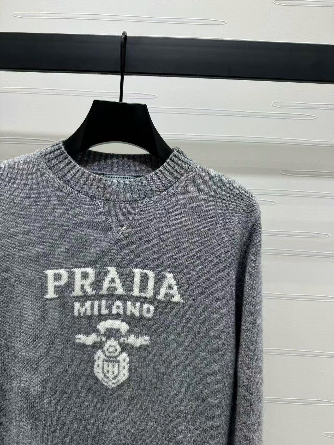 Prad Logo Crew-Neck  Sweater in Natural Wool